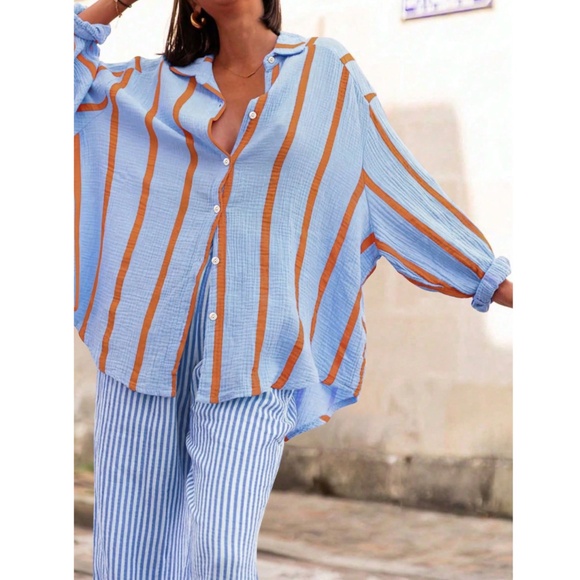 Blue Striped Oversized Button Down Shirt Long Sleeve - Picture 1 of 6
